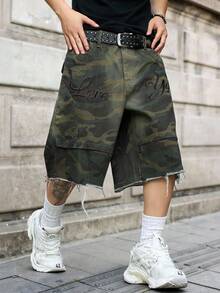 Manfinity EMRG Men's Casual Multi-Pocket Embroidered Cargo Camo Denim Shorts, Street Fashion - Army Green - View 3
