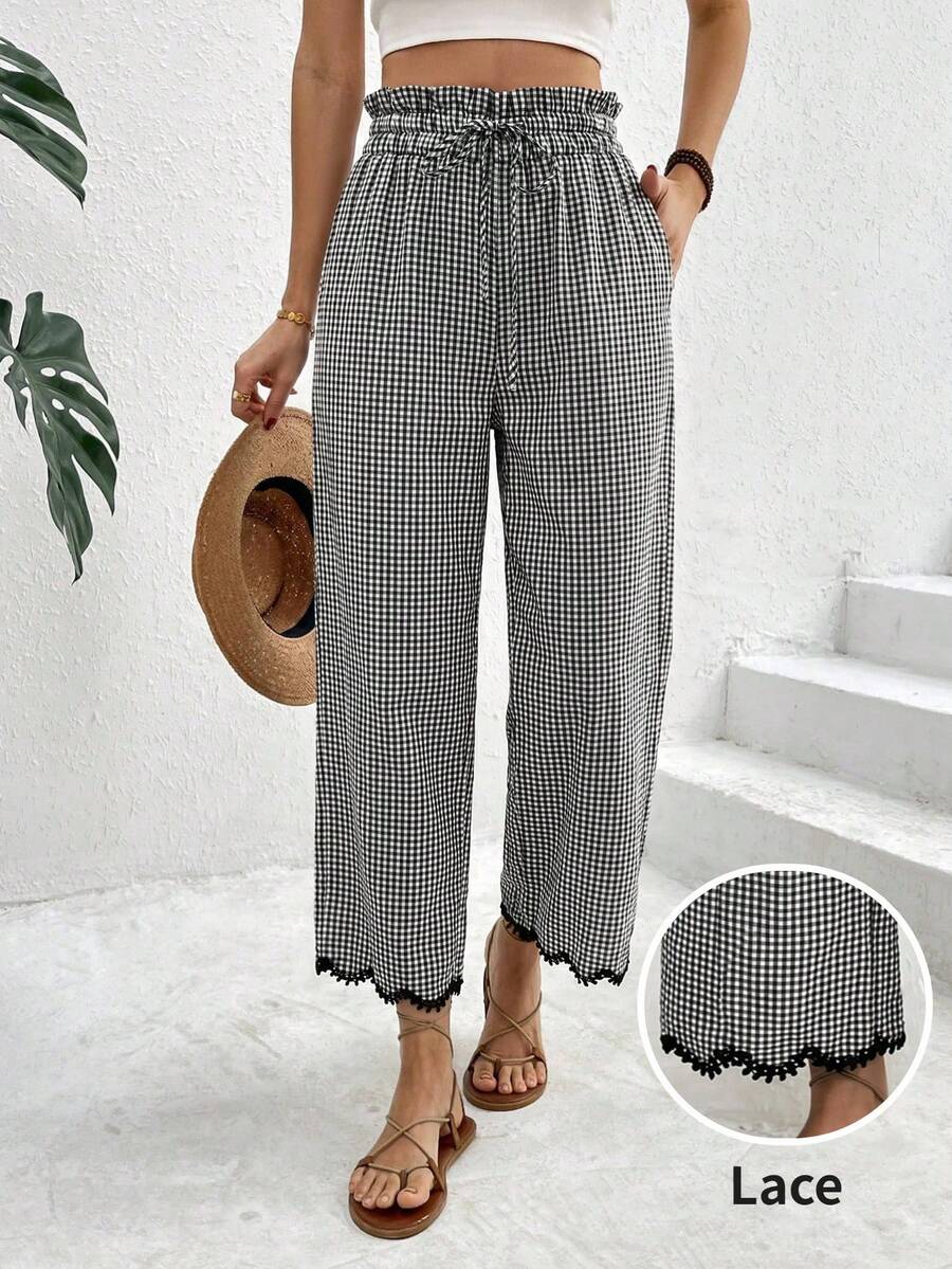 SHEIN Frenchy Women's Summer Boho Black And White Plaid Lace Trim Pants,Vacation Holiday Ruffle Drawstring Waist Pocket Cropped Long Tapered Pants,Beach