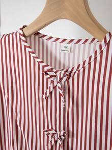 Tween Girls' Striped Vacation Style Set, Adorable Bow Decor On Front, Puff Sleeve Top + Casual Shorts, Comfortable Wear - Pink - View 8