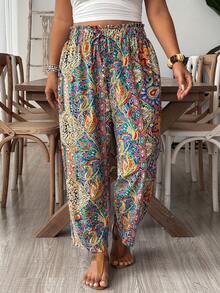 SHEIN VCAY Plus Size Women Loose Casual Boho Pants With Tie Waist And Frill Trim Vacation Royal Blue Autumn Fall Vacation Beach - Multicolor - View 3