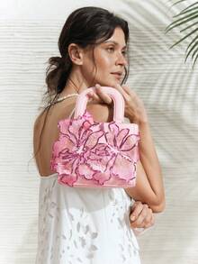 SHECARRY Ladies' Fashionable And Elegant Classic Pink Flower Sequined Handbag, Ladies' Dinner Bag, Suitable For Girls, Ladies, Women, College Students, Brides, Bridesmaids, Wedding Guests, Honeymoons, Parties, Proms, Weddings, Clubs, Dates, Dinners, Valentine's Day And Other Occasions, Exquisite Floral Pattern Women's Handbag - Light pink. - View 7
