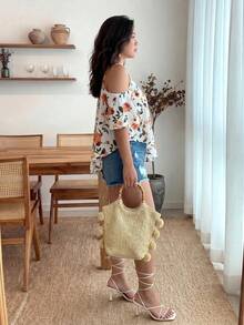 Enliva Jolene.Mendez Plus Floral Print Cold Shoulder Curved Hem Tee, For Apple Rounded Body Shape, For Summer - Multicolor - View 2