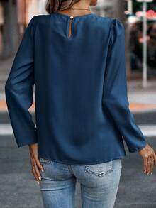 SHEIN LUNE 纯色褶饰泡泡袖衬衫、长袖上衣 - 水鴨藍 - 查看 2