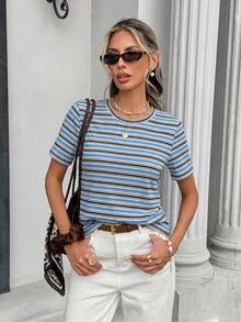 SHEIN Frenchy Áo thun nữ tay ngắn cổ tròn dáng rộng, bất đối xứng, màu xanh dương, có gân, kiểu dáng đa năng, phù hợp cho mùa xuân/hè và mùa thể thao. - Nhiều màu - Xem 3