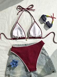 Swim Vcay 女款泳衣套裝，特殊面料掛脖綁帶露背貝殼設計，2件式夏季度假海灘穿搭 - 彩色 - View 2