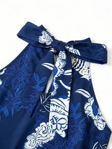 Gownix 女款優雅海軍藍花卉印花掛脖上衣與純色寬腿褲兩件套，夏季早午餐商務休閒教師穿搭套裝 - 彩色 - 查看 8
