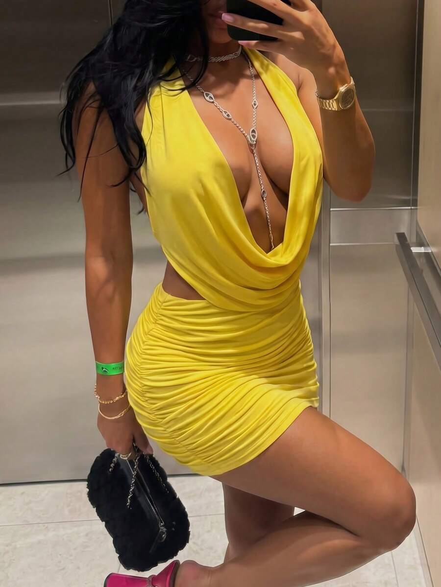 SHEIN SXY Conjunto de playa sexy de malla con escote bajo