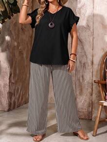 EMERY ROSE Casual Elegant Retro Black & White Striped Print Plus Size Women V-Neck Top And Loose Pants 2-Piece Set, Suitable For Summer, Black Set - Multicolor - View 4