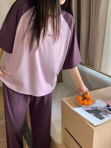 Dazy Plus 2件套加大码女式字母印花休闲插肩袖短袖睡衣套装 夏季 - 紫色 - 查看 5