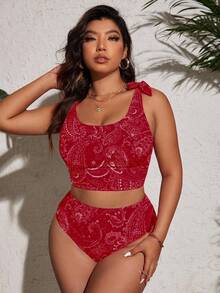 Slaydiva Bộ đồ bơi tankini cỡ lớn dành cho nữ, gồm áo tankini in họa tiết toàn thân và quần tankini tam giác, thích hợp cho kỳ nghỉ hè. - Đỏ - Xem 5
