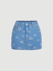 Sweetra Bộ đồ denim thường ngày dành cho nữ, gồm áo hai dây buộc cổ, in họa tiết hoa, cài cúc đơn và chân váy ngắn. - Màu xanh lam - Xem 5