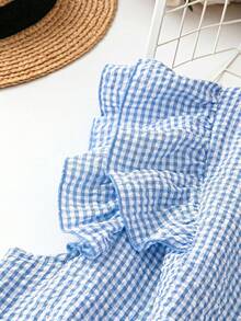 SHEIN LUNE Plus Size Women's Plaid Ruffle Sleeve Fashionable Versatile V-Neck Blouse - Baby Blue - View 4