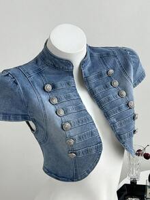 Elamini Áo sơ mi denim nữ cổ đứng cài cúc kiểu Napoleon, chất liệu denim mài. - Rửa nhẹ - Xem 5