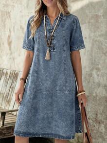 EMERY ROSE Mature Denim 女士休闲日常水洗牛仔翻领短袖连衣裙，夏季 - 藍色 - 查看 6