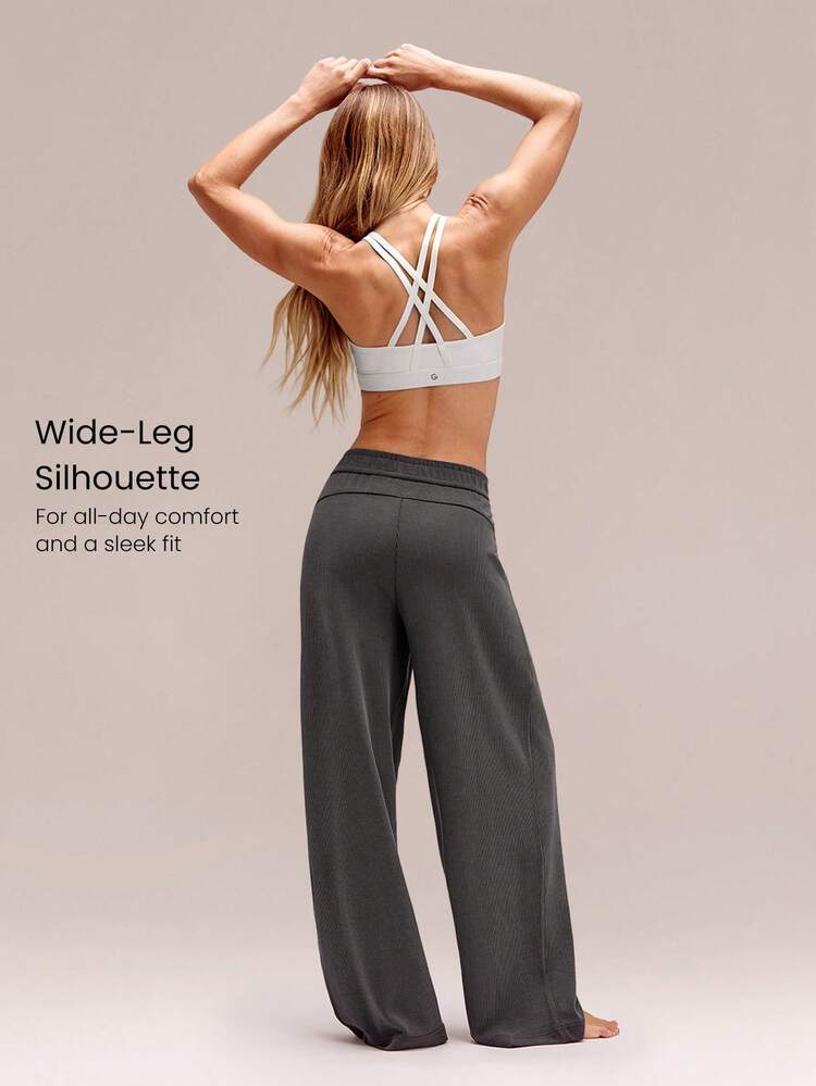 Modal Ribbed Wide-Leg Built-In Adjustable Drawstring Waist Active Pants With Side Pockets Daily Casual Wear  Spring Summer
