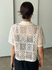 DAZY Women Lace Turndown Collar Cardigan Top, Summer Sheer,Crop Tops Women - Beige - View 6
