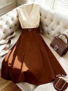 SHEIN LUNE CURVE Đầm dài dáng midi cổ chữ V thanh lịch dành cho nữ cỡ lớn, phối màu tương phản, màu trơn, kiểu dáng hai mảnh, thắt eo, dáng chữ A, phù hợp cho hẹn hò, đi chơi, công sở, du lịch, thời trang đa năng, đầm dài mùa hè mới về. - Nhiều màu - Xem 1