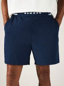 SUMWON Pull-On Shorts With Taped Elasticated Waistband, Casual Summer Chino-Style Woven Shorts - Navy Blue - View 1