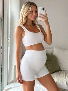 SHEIN Maternity Solid Color Cropped Tank Top And Sports Shorts Set,Word Cup - White - View 2