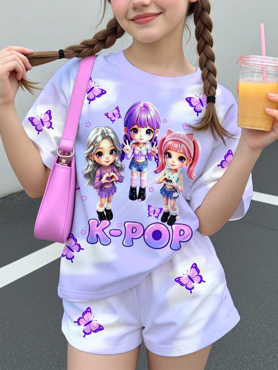 Pakaian Kasual Sehari-hari untuk Remaja Perempuan: Kaos Lengan Pendek Kerah Bulat dengan Motif Huruf Kartun dan Celana Pendek - MultiWarna - View 1