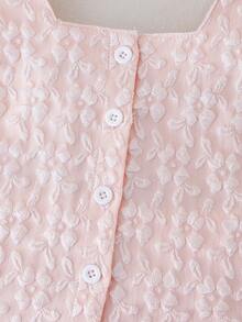 SHEIN Playful Pals 2件套女婴0-3岁春夏优雅甜美3D立体花卉提花领衬衫短裤两件套 - 粉色 - 查看 5