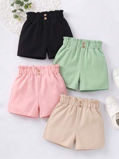 SHEIN Elladie kids Quần short xếp ly đơn giản, thoải mái, đa năng cho bé gái, thích hợp mặc hàng ngày.