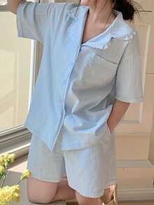 Dazy Plus Plus Size Women Striped Short Sleeve Button-Up Top And Shorts Pajama Set Summer - Baby Blue - View 9