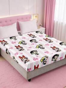 THE POWERPUFF GIRLS X SHEIN 1件条纹可爱卡通印花单人床帽，磨砂材质，柔软保暖，多种尺寸可选，适用于单人床/双人床/大号床/特大号床，可机洗 - 彩色 - 查看 4