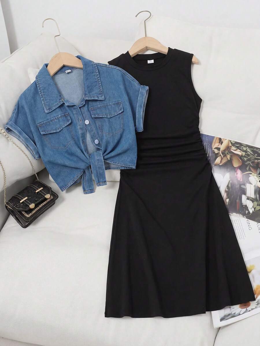 SHEIN Bộ đồ gồm áo sơ mi denim tay ngắn cổ bẻ màu xanh dương và áo khoác denim dáng rộng dành cho bé gái tuổi teen, áo nhẹ mùa xuân/hè và áo cardigan denim thiết kế độc đáo. - Nhiều màu - Xem 1
