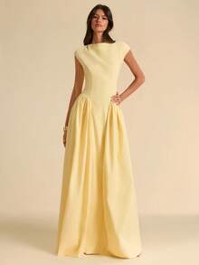 SHEIN BAE Đầm ngắn tay màu vàng trơn, dáng chữ A, ôm eo, thanh lịch, phong cách vintage, thích hợp cho sinh nhật, tiệc trà, tiệc brunch, tựu trường, tiệc chiêu đãi, tiệc tùng. - Màu vàng - Xem 5