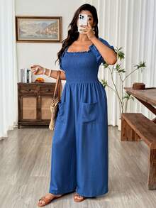 Weeklong Plus Size Women's Frill Trim Square Neck Puff Sleeve Cinched Waist Jumpsuit With Front Pockets, Casual Vacation Daily Wear - Blue - View 6