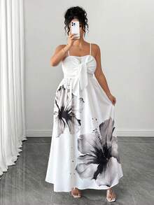 Elenzga Đầm xòe cỡ lớn in hoa, thắt eo, có dây buộc - Nhiều màu - Xem 5