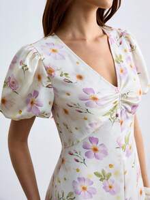 CielaLinda Đầm maxi ngắn tay bồng bằng vải satin họa tiết hoa dành cho nữ, xẻ tà. - Nhiều màu - Xem 6