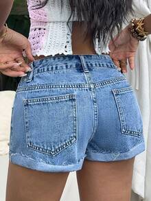 Sunnyshic Quần short denim nữ mùa hè, kiểu dáng thường ngày, đa năng, thêu họa tiết, đã qua xử lý giặt, có gấu quần. - Rửa trung bình - Xem 2