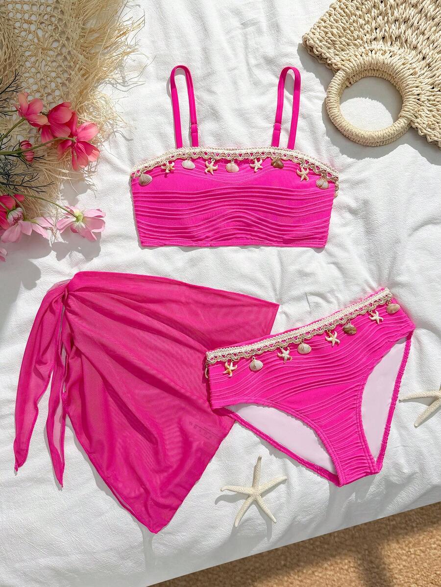 SHEIN Tween Girls' Summer Beach Vacation Shell & Starfish Print Bandeau Bikini Set - Hot Pink - View 1