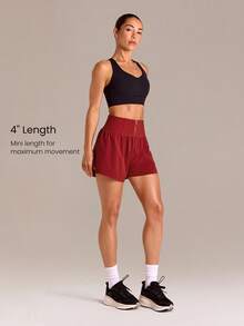 GLOWMODE VitalSwift Tummy Control High-Waisted A-Line Shorts With Built-In Shorts Contrast Zipper Pocket Casual Gym Summer Quick Dry - Maroon - View 6