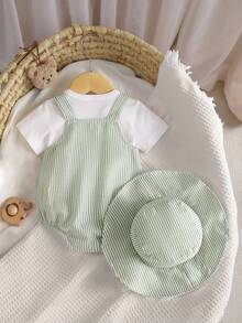 SHEIN Playful Pals 新生兒3件套可愛休閒夏季白色短袖T恤藍色條紋露背連身裙附帽子熊圖章度假套裝 - 綠色 - 查看 2