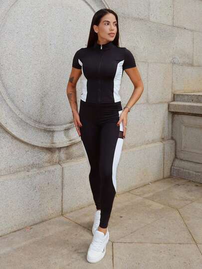 Maju Mazalli Women's Summer Elastic Breathable Contrast Color Zipper Crop Top And Leggings Sports Set Workout Women Sets