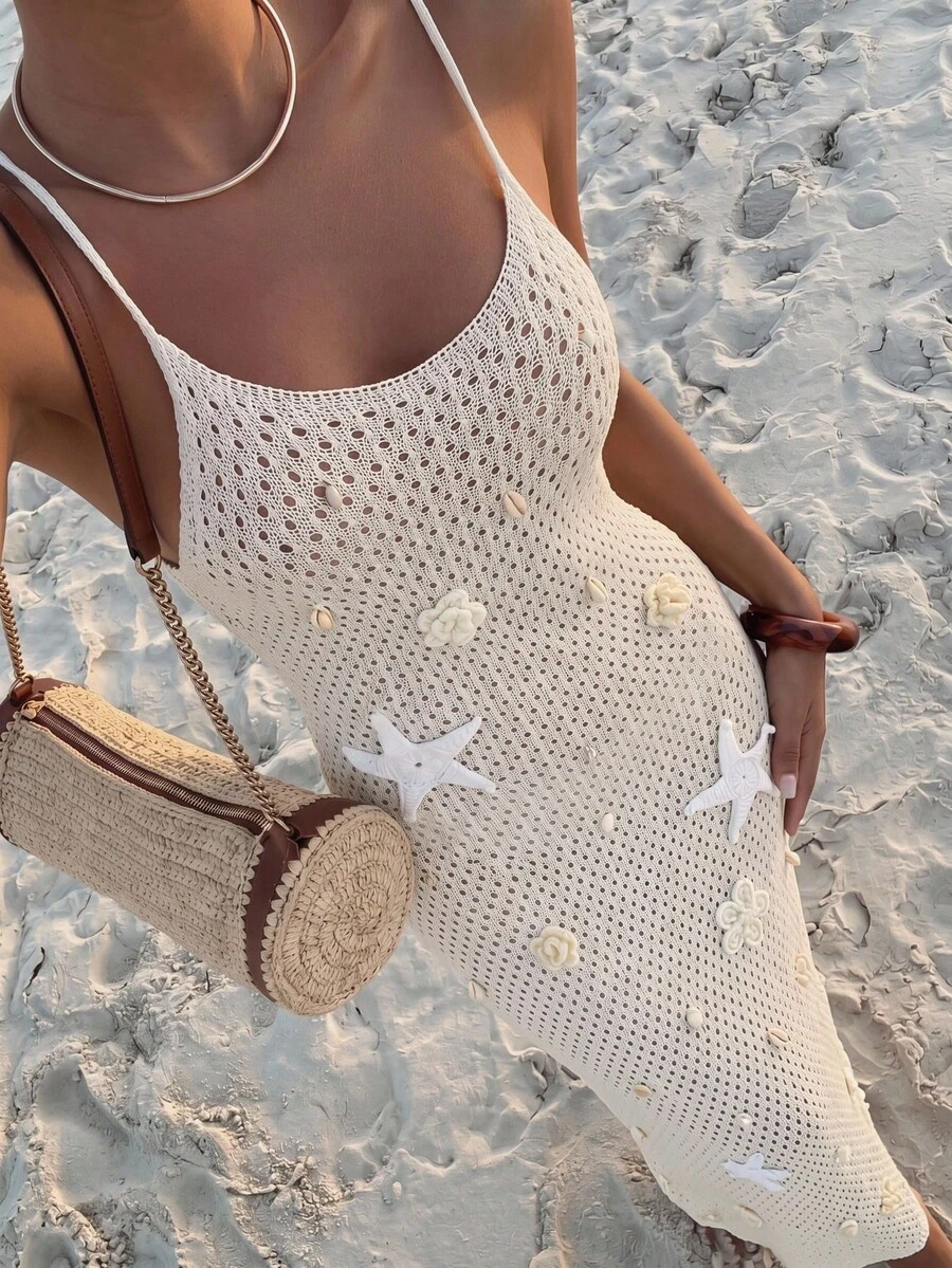 Lumalex Vestido de punto calado con decoración 3D de flores y estrellas de mar para vacaciones en la playa de mujeres