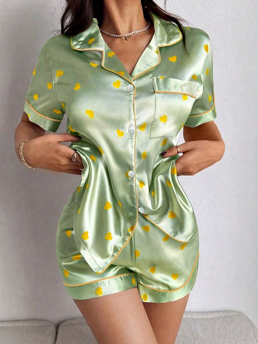 Napfluff Bộ đồ ngủ ngắn tay tối giản màu hồng nhạt và đen in hình trái tim dành cho nữ, có cổ áo. - màu xanh lá - Xem 1
