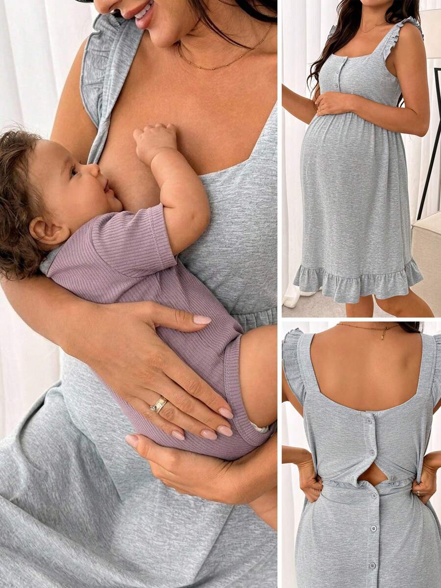 Slowluna Comfortable Loose Fit Frill Trim Solid Color Summer Clothing - Light Grey - View 1