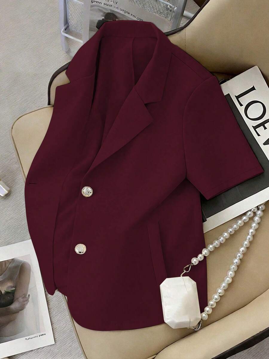 Franclia Nueva chaqueta blazer de manga corta de unicolor, vestimenta minimalista de oficina - Burdeos - Ver 1