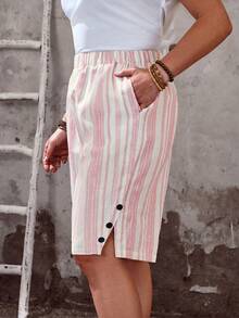 EMERY ROSE Plus Size Women's Knee-Length Casual Shorts, Street Style, Soft & Comfortable With Pockets, Suitable For Casual Wear, Music Festivals, Spring & Summer - Pink - View 5