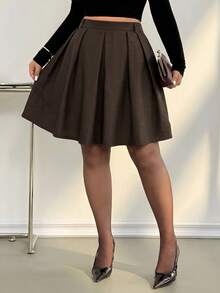 Auralis Spring/Autumn New Office Formal Lady Pleated Midi Skirt, Chocolate Brown Plaid Pattern, Elegant Commuter Style, Plus Size Back-To-School Fall - Brown - View 6