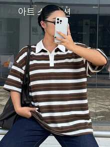 Dazy Plus 女款大碼寬鬆街頭風拼色條紋 Polo 領長袖 T 恤，秋季圖案印花上學穿搭女款 T 恤 - 棕色 - 查看 4