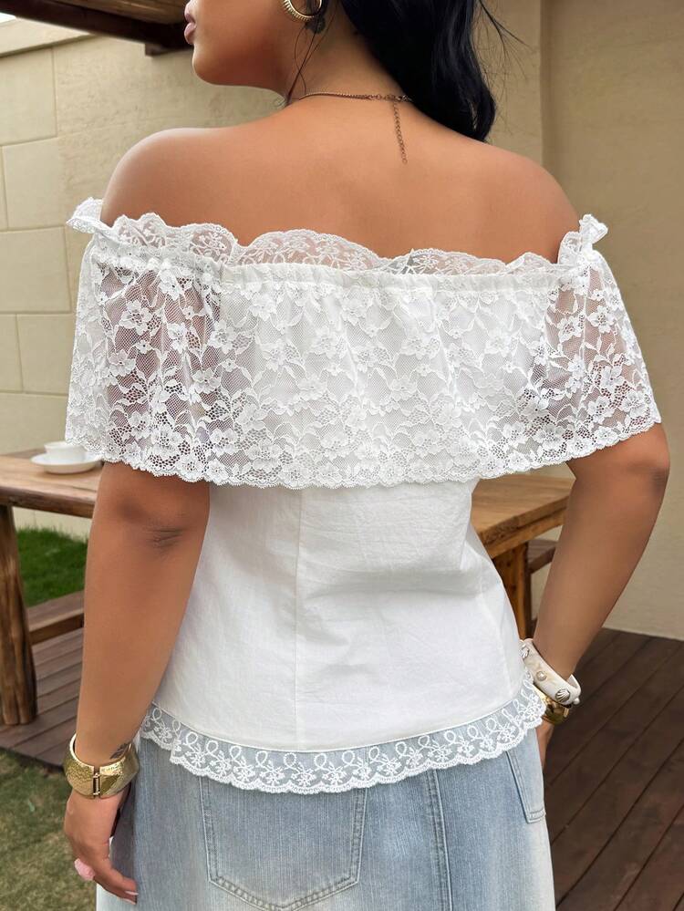 Dazy Plus Spring & Summer Fitted Cardigan, Hollow Lace Trim Splice Casual Off-Shoulder Short Sleeve Blouse For Women, Plus Size White Cropped Top