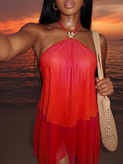 Bellisia Vestido de cubierta con cuello halter y dobladillo degradado para vacaciones