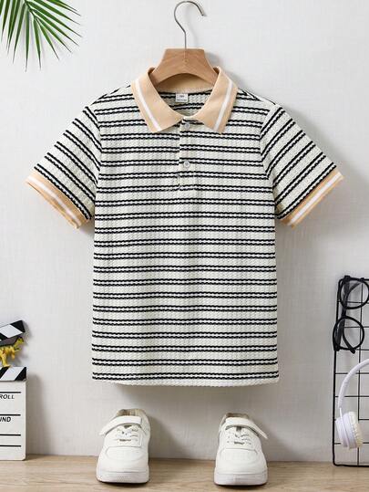 SHEIN Tween Boy Textured Fabric Flat Collar Short Sleeve Polo Shirt, Suitable For Autumn, Spring, Summer, Suitable For Outdoor Play, School, Street Photography, Parties And Casual Home Wear