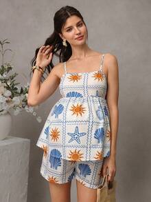SHEIN ملابس علوية كامي مطبوعة بالزهور + شورت خصر قابل للتعديل، مجموعة حمل مكونة من قطعتين أساسية للعطلات الصيفية والشاطئ - متعدد الألوان - مشاهدة 5