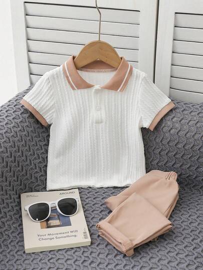 2pcs/Set Baby Boy Summer Gentleman Outfit: 1 Knitted Jacquard Collar Short Sleeve Polo Shirt + 1 Khaki Elastic Waist Pants Set, Fashionable And Handsome, Retro Style, Ideal Choice For Formal Occasions Like Birthday Party, Wedding, Anniversary, Graduation Ceremony. Baby Boy Casual Pants Set, Baby Boy Shirt & Pants Set, Baby Boy Casual Outfit, Baby Boy Summer Formal Set, Baby Boy Gentleman Style Outfit, Retro Style Baby Boy Summer Clothing.